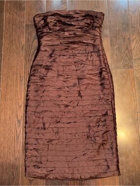SILK Strapless Ruched Satin Cocktail Dress in Chocolate Brown